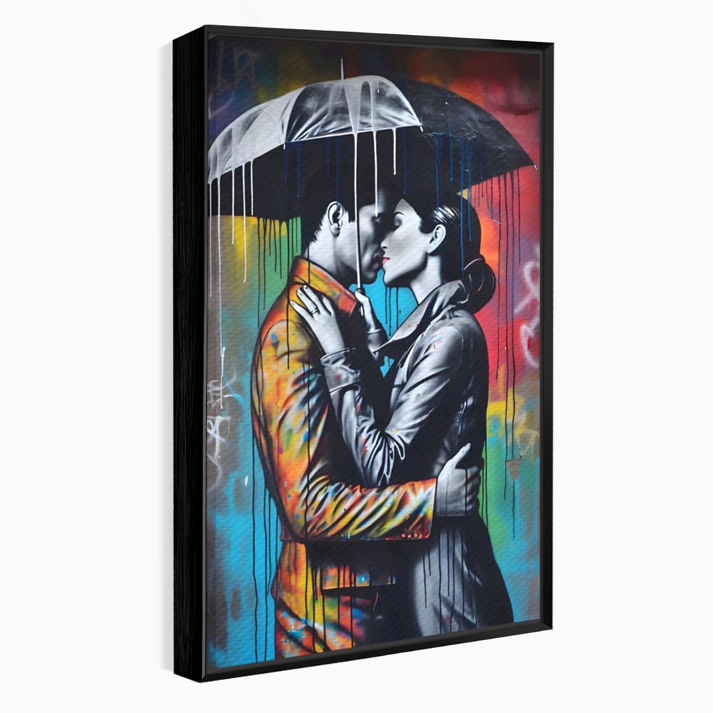 Tablou canvas cu tablou cuplu sub umbrela, in rama de aluminiu negru